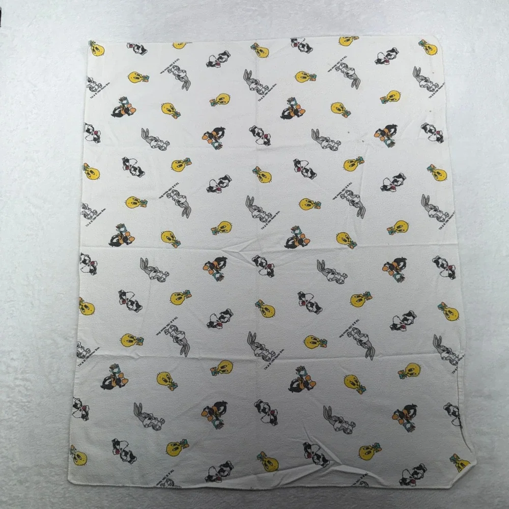Warner Bros Baby Blanket Looney Tunes 1994 Vintage Flannel White Nursery Baby